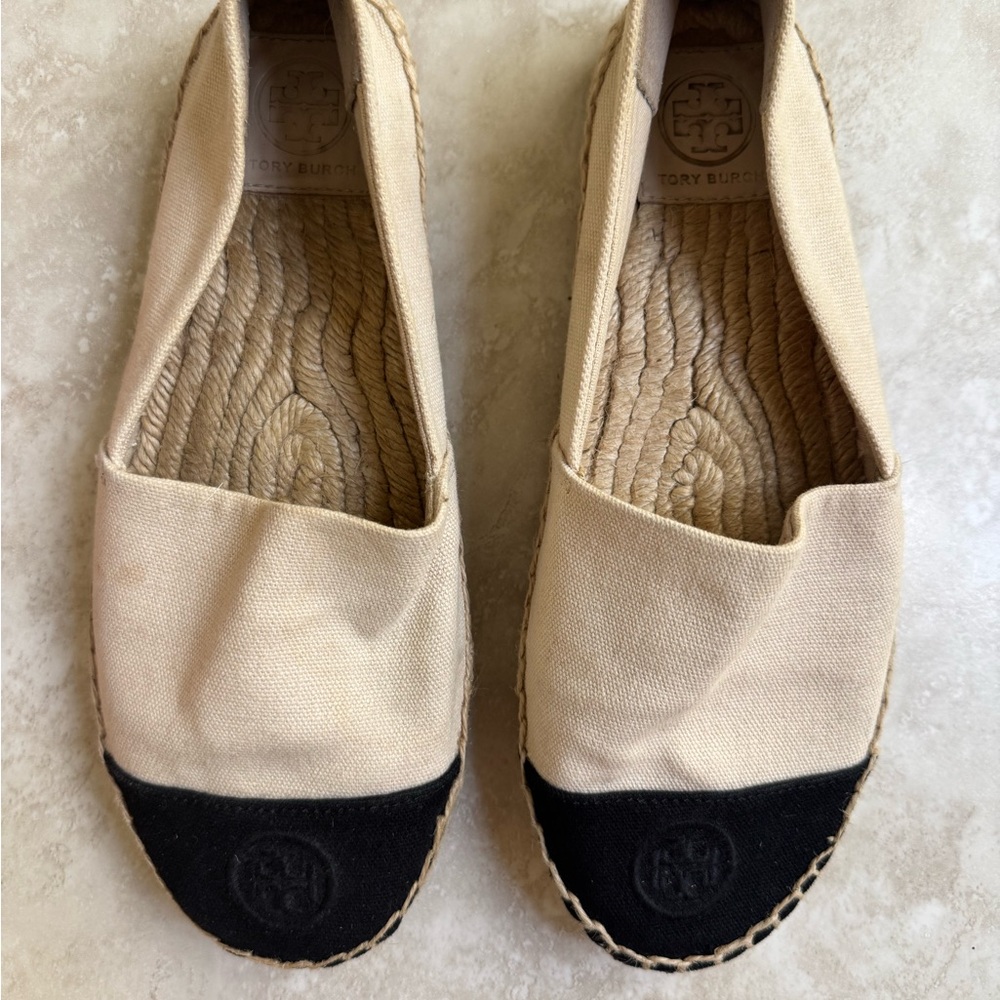 Tory Burch Tan and Black Espadrille Flats